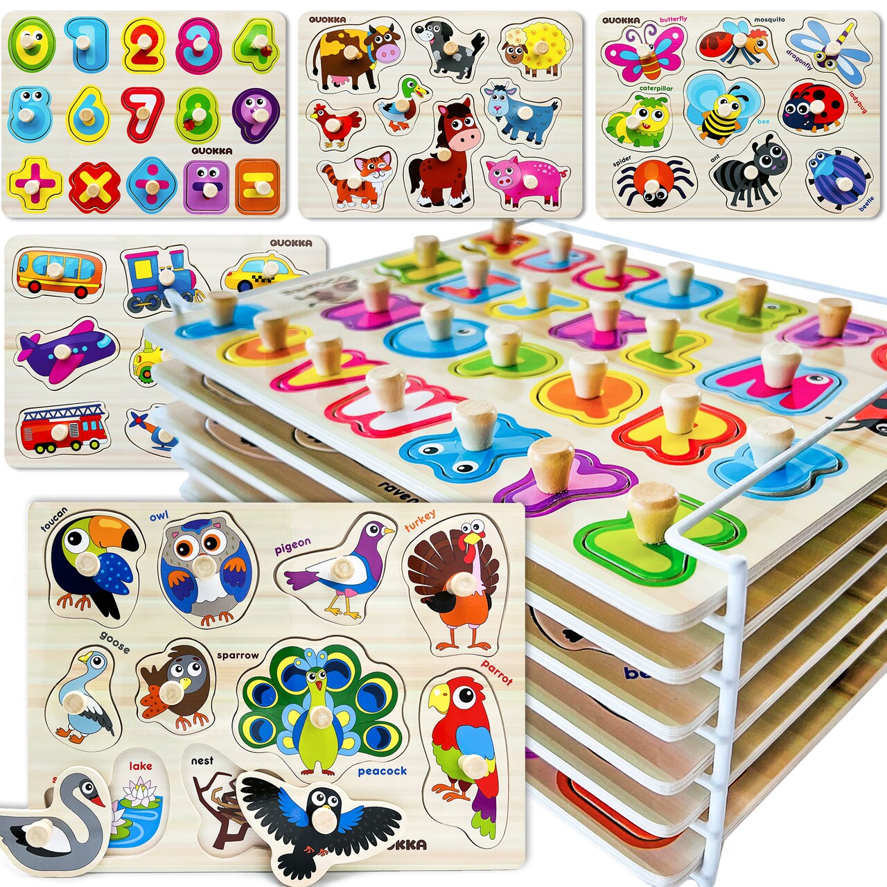 QUOKKA Wooden Puzzles for Toddlers 1-3 - 6XSET Toddler Puzzles Ages 2-4 with Rack - Learning Alphabet, Numbers and Animals Toy Puzzles for Toddlers 3-5 - Wood Games Gift for Boys and Girls